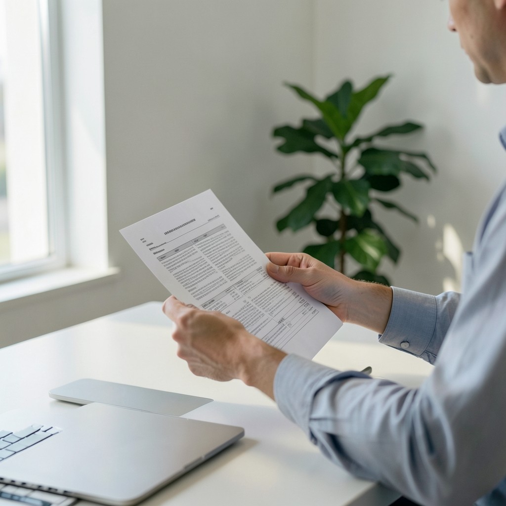 Analyst reviewing tabular printouts next to a laptop in a bright office
