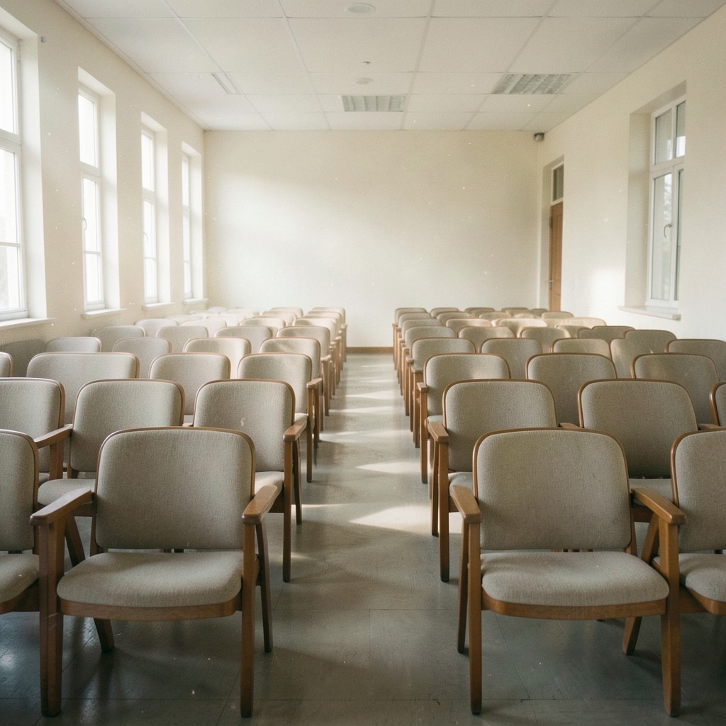 Lecture hall seats in soft morning light with empty rows visible