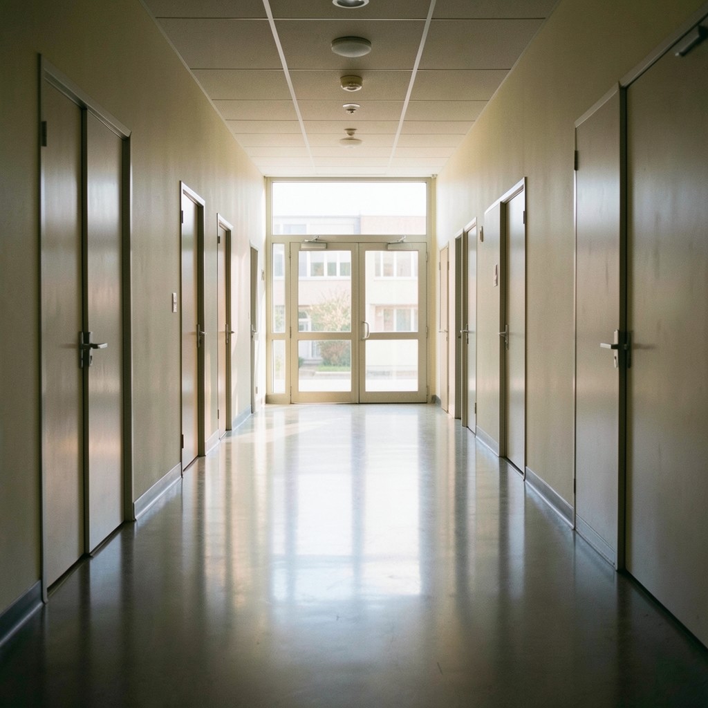 Quiet university corridor with soft afternoon light through glass doors