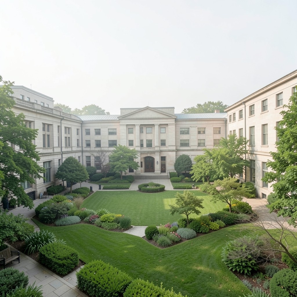 Campus buildings viewed across a quiet courtyard under soft daylight