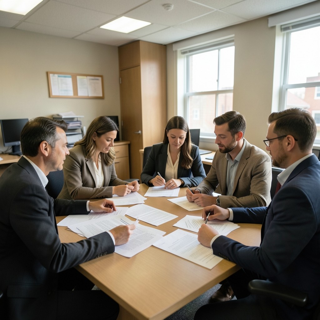 Registrar staff reviewing enrollment extract printouts at a shared table