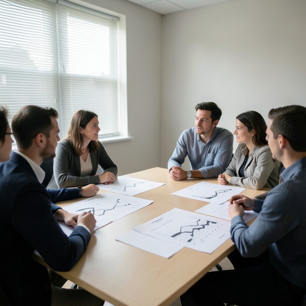 Academic leaders reviewing enrollment charts in a bright meeting room