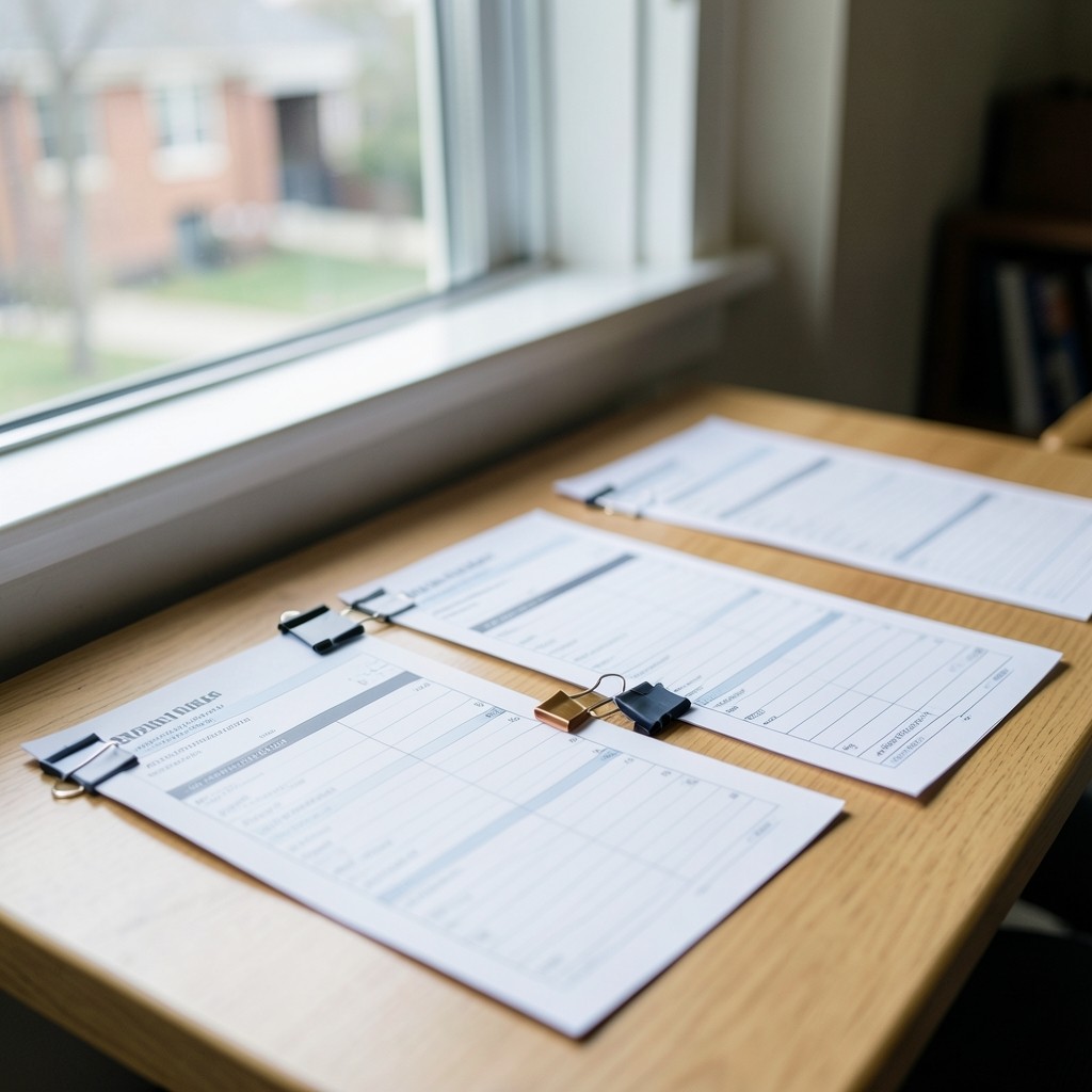 Printed enrollment tables and charts arranged on a wooden desk beside a campus window